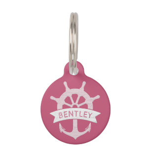 Médaillon Pour Animaux Ancre de navire rose nautique Nom personnalisé