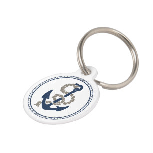 Médaillon Pour Animaux Ancre Nautique Et Corde En Bleu Et Blanc Nom D'Ide