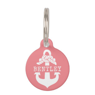 Médaillon Pour Animaux Ancre rose corail nautique Nom personnalisé