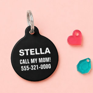 Médaillon Pour Animaux Appelle Ma Mère Minimaliste Noir Personnalisé Chie