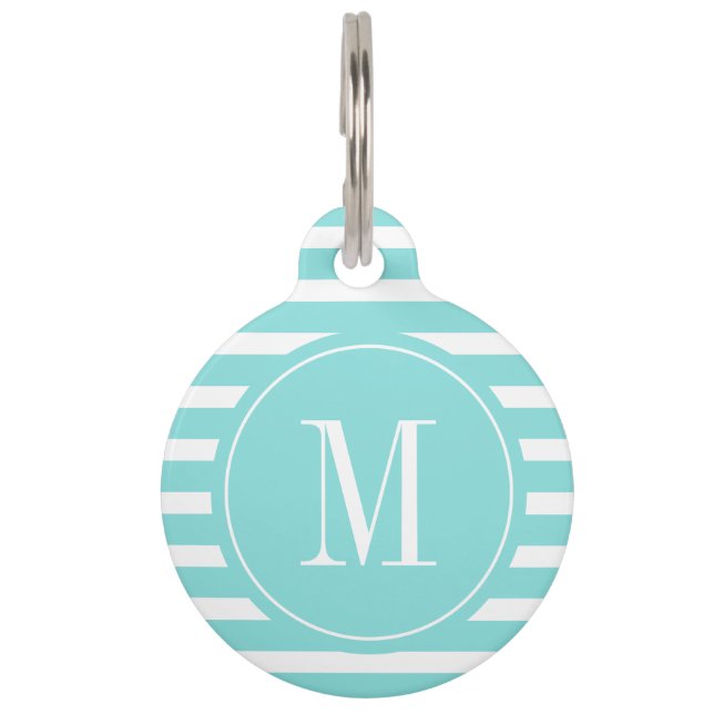 Médaillon Pour Animaux Aqua moderne Bleu et Blancs avec Monogramme (Devant)