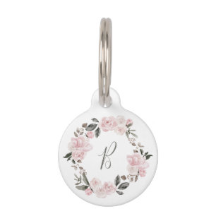 Médaillon Pour Animaux Aquarelle florale jolie et jolie rose Monogramme