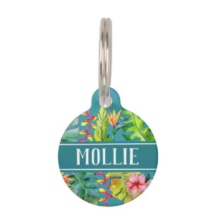Médaillon Pour Animaux Aquarelle florale tropicale Nom et adresse