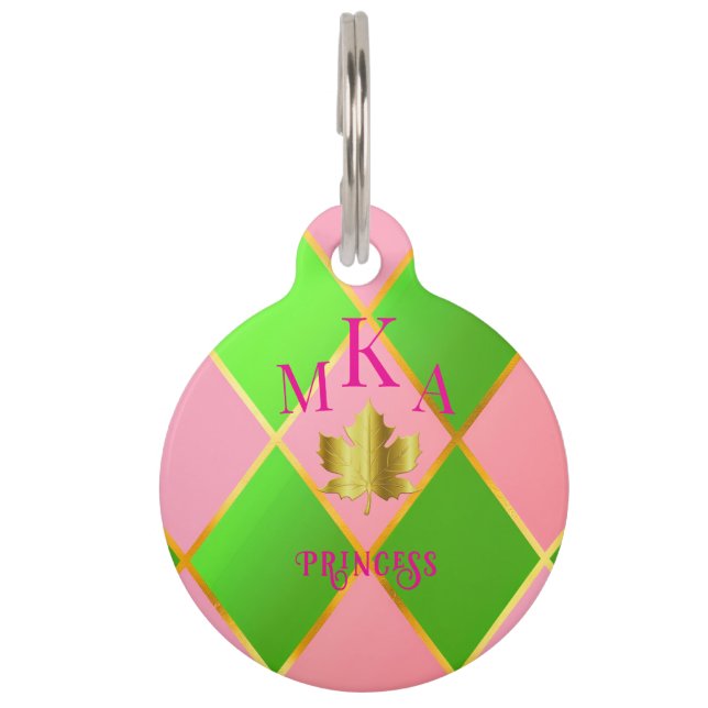 Médaillon Pour Animaux Argyle rose et vert élégant avec monogramme (Devant)