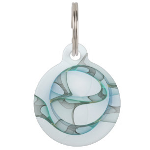 Médaillon Pour Animaux Art Abstrait moderne Fractal Bleu Turquoise Gris