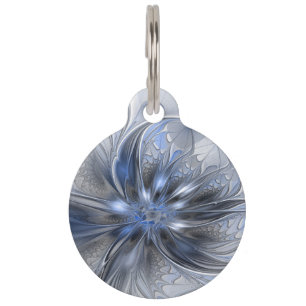 Médaillon Pour Animaux Art floral fractal abstrait aquarelle gris bleu