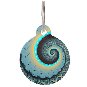 Médaillon Pour Animaux Art fractal abstrait bleu turquoise orange en spir