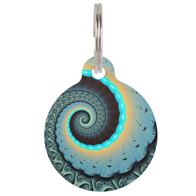 Médaillon Pour Animaux Art fractal spirale abstrait bleu turquoise orange (Devant)