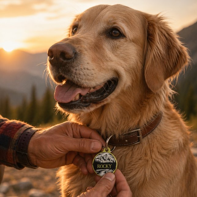 Médaillon Pour Animaux Aventure en plein air montagne personnalisée (Rugged mountain adventure dog tag with nature vibes, perfect for explorers and trail loving pups too)