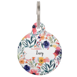 Médaillon Pour Animaux Balise d'aquarelle personnalisée Fleurs d'armature