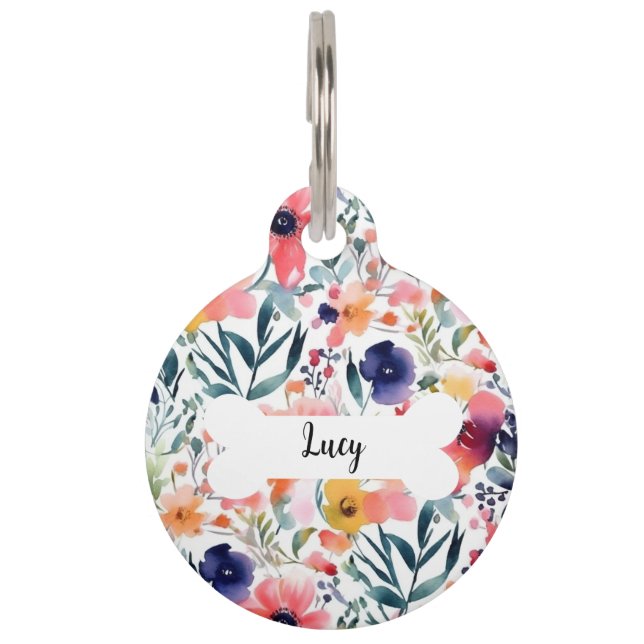 Médaillon Pour Animaux Balise d'aquarelle personnalisée Fleurs d'armature (Devant)