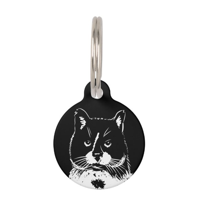 Médaillon Pour Animaux Balise de chat illustrée en noir et blanc (Devant)