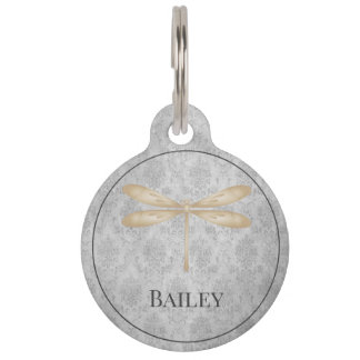 Médaillon Pour Animaux Balise de l'animal rond Damask de libellule or