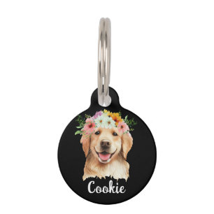 Médaillon Pour Animaux Balise Golden Retriever Watercolor Flower Round Pe
