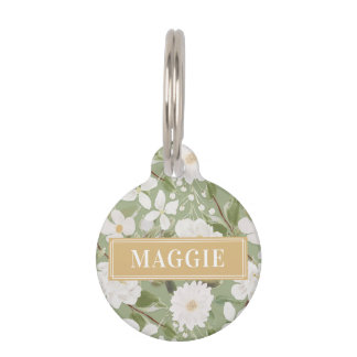 Médaillon Pour Animaux Balise Green Floral Custom Dog Name Round Pet ID