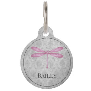 Médaillon Pour Animaux Balise Magenta Dragonfly Damask Round Pet