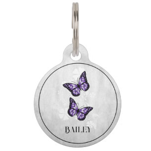 Médaillon Pour Animaux Balise papillon pourpre Floral Round Pet