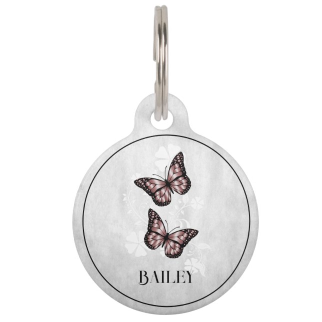 Médaillon Pour Animaux Balise papillon rose floral rond animal (Devant)