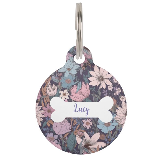 Médaillon Pour Animaux Balise Personalized Purple Flowers Motif Round Pet (Devant)