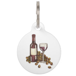 Médaillon Pour Animaux Balise Rouge Vin Verre Bouteille Raisins Vignoble 