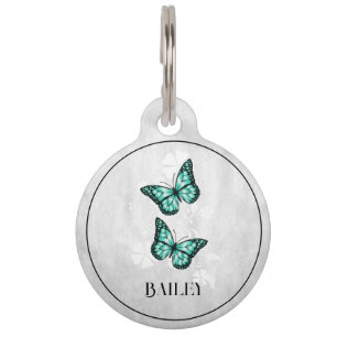 Médaillon Pour Animaux Balise turquoise papillon floral rond animal