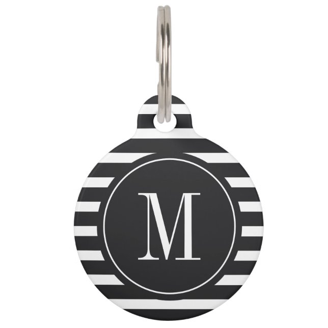 Médaillon Pour Animaux Bande noire et blanche moderne avec Monogramme (Devant)