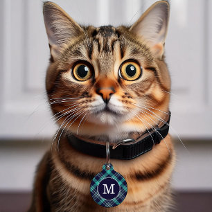 Médaillon Pour Animaux Belle Motif Plaid Vert et Bleu