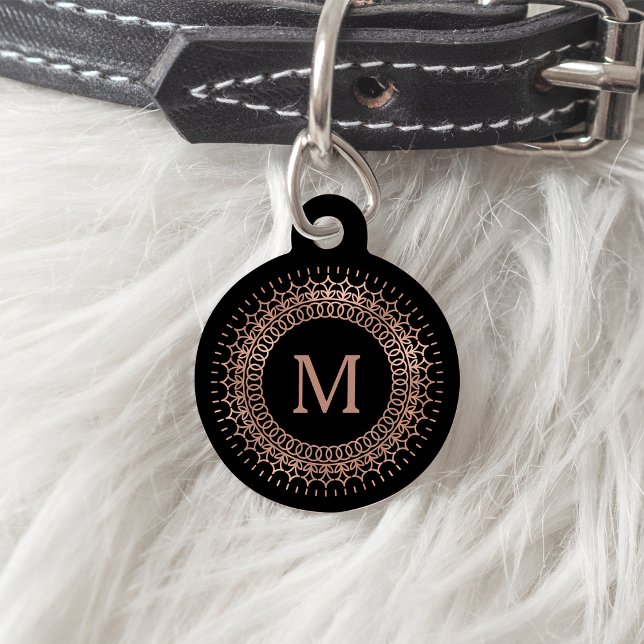 Médaillon Pour Animaux Black & Faux Rose Gold Initial Monogram (Créateur téléchargé)