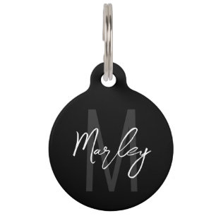 Médaillon Pour Animaux Black Modern Script Personnalisé Monogramme et nom