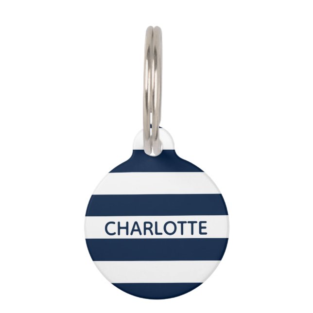 Médaillon Pour Animaux Bleu bleu marine Bleu rayures personnalisées nom (Devant)
