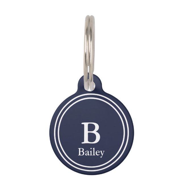 Médaillon Pour Animaux Bleu et blanc de nuit simple avec nom et monogramm (Devant)