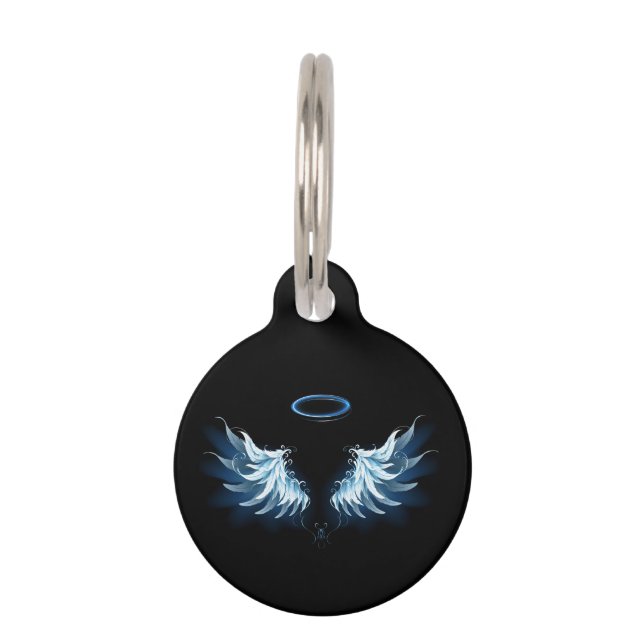 Médaillon Pour Animaux Blue Glowing Angel Wings on black background (Devant)