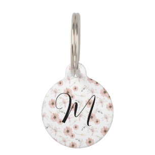 Médaillon Pour Animaux Blush Rose Fleurs Art Monogramme Aquarelle