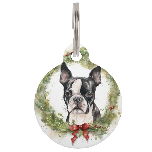Médaillon Pour Animaux Boston Terrier Noël Wreath Festive Pup (Devant)