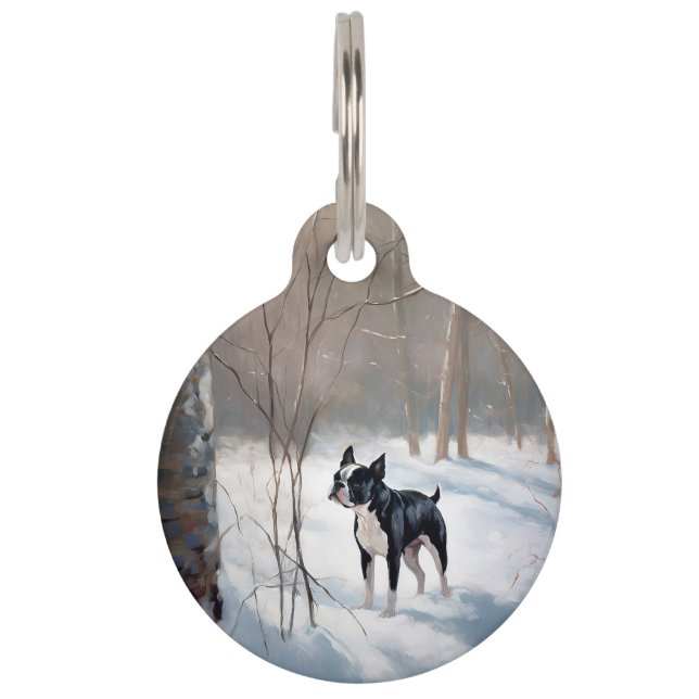 Médaillon Pour Animaux Boston Terrier Qu'il neige Noël (Devant)