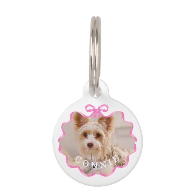 Médaillon Pour Animaux Bow Ruban Pet Photo Rose Blanc (Devant)