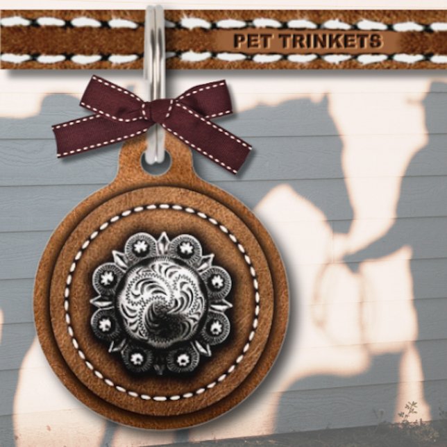 Médaillon Pour Animaux Brown Cuir Argent Concho Pays Ouest (Créateur téléchargé)