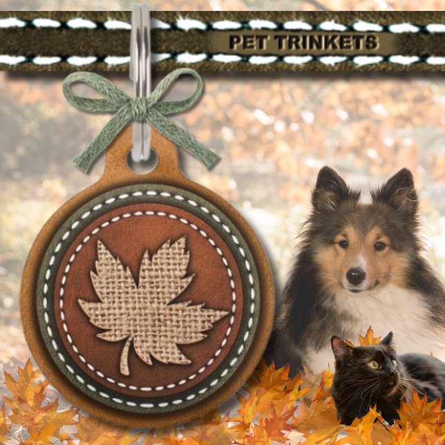Médaillon Pour Animaux Brown Vert Pays Cuir Burlap Maple Leaf (Créateur téléchargé)