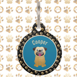 Médaillon Pour Animaux Carlin Turquoise noir Snazzy et Pawprints Nom du c