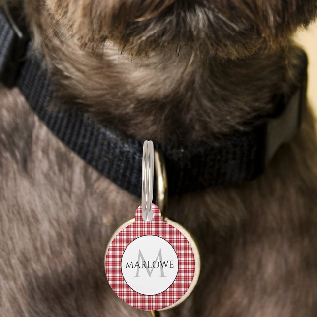 Médaillon Pour Animaux Carreaux Rouge Blanc Monogramme (Red White Checks Plaid Monogram Pet ID Tag)