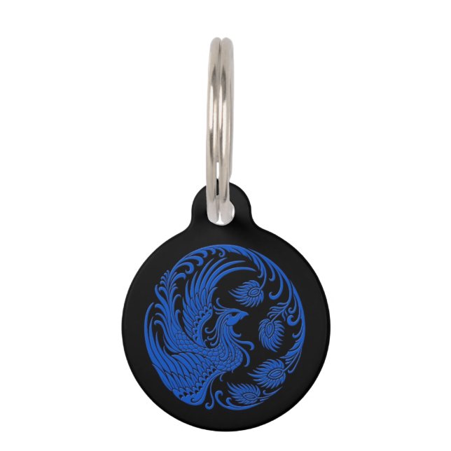Médaillon Pour Animaux Cercle bleu traditionnel de Phoenix sur le noir (Devant)