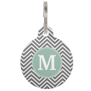 Médaillon Pour Animaux Charbon et menthe vert Chevrons sur mesure Monogra