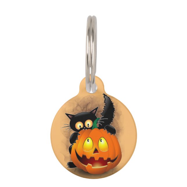 Médaillon Pour Animaux Chat Fun Halloween Caractère mordant un Citrouille (Devant)