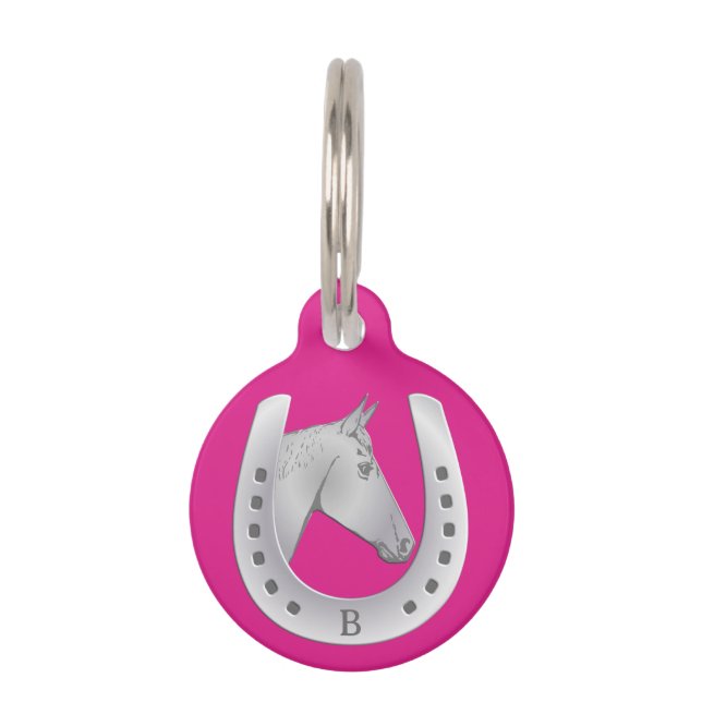 Médaillon Pour Animaux Cheval Horseshoe Emblem Monogramme rose chaud (Devant)