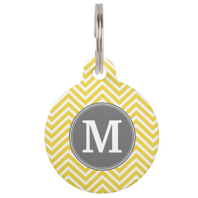 Médaillon Pour Animaux Chevron jaune et gris Motif avec Monogramme (Devant)