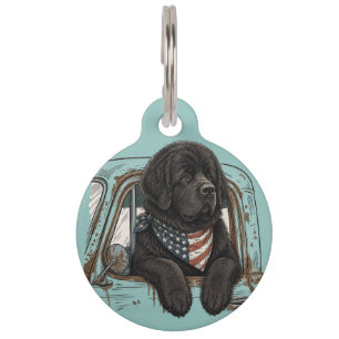 Médaillon Pour Animaux Chien de Terre-Neuve Patriotique dans la Camionnet
