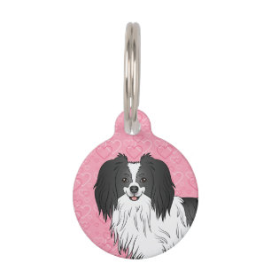 Médaillon Pour Animaux Chien Phalène Noir Et Blanc De Face Sur Des Cœurs 