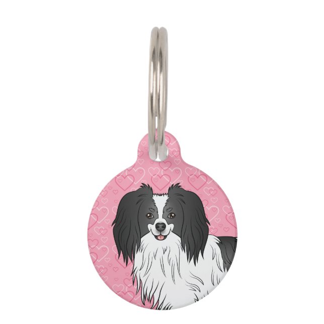 Médaillon Pour Animaux Chien Phalène Noir Et Blanc De Face Sur Des Cœurs  (Devant)