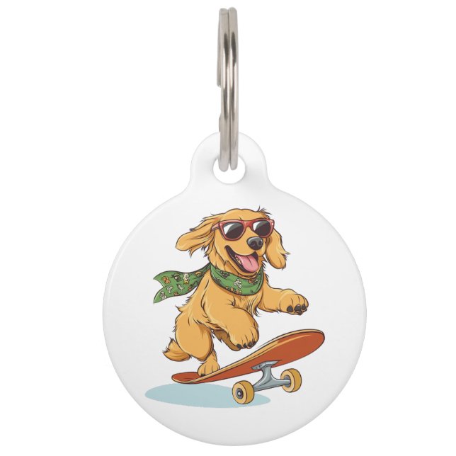 Médaillon Pour Animaux Chien Retriever doré en skateboard (Devant)
