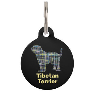 Médaillon Pour Animaux Chien Tibétain Terrier Silhouette Jaune & Grille N